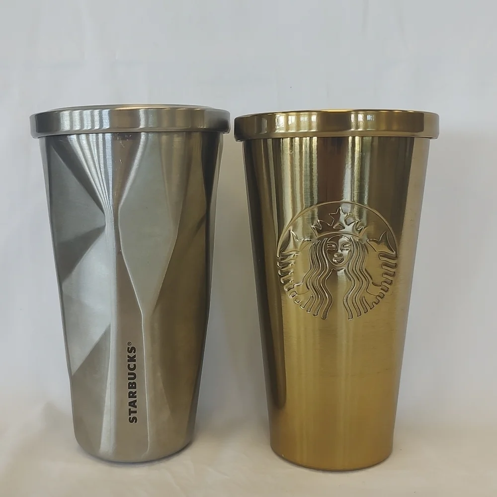 Starbucks set of 2 Grande 16 oz cold brew tumblers chisled prism silver and gold
